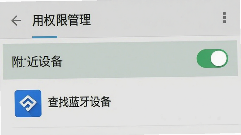 手机设置界面截图,显示“应用权限管理”页面,高亮显示“附近设备”权限开关为开启状态,旁边有“查找蓝牙设备”的应用图标,界面风格为安卓原生设计,简洁明了,文字清晰,无其他干扰元素