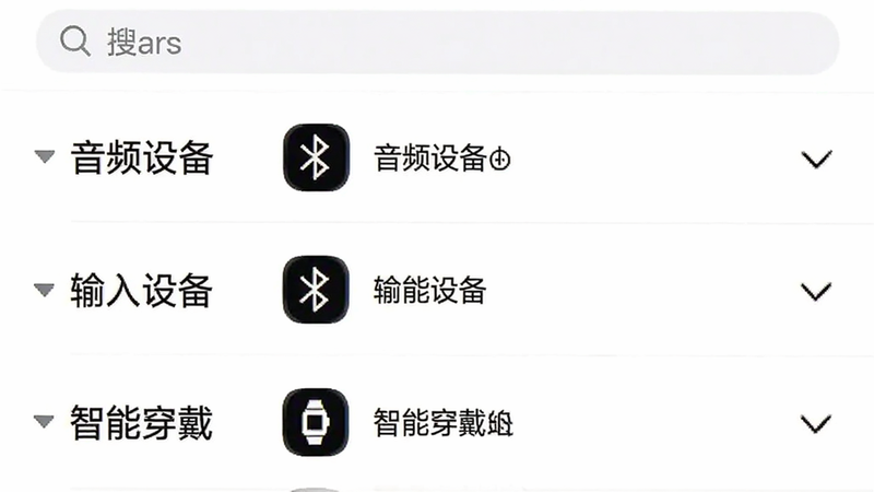 手机应用界面,列表视图,分为“音频设备”、“输入设备”、“智能穿戴”三个折叠栏目,每个栏目下显示具体的蓝牙设备名称和图标,顶部有搜索框,界面整洁,白色背景,黑色文字,图标风格统一,清晰易读,无广告干扰