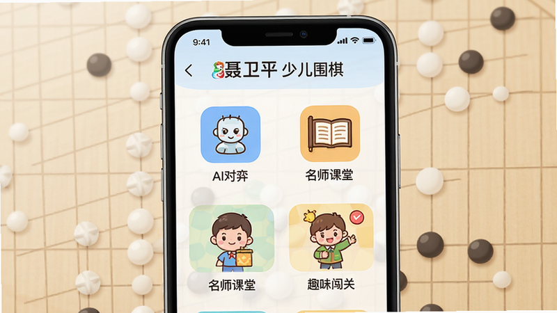 ����Ϊ������ƽ�ٶ�Χ�塱APP�ֻ��˽���չʾ������Ϊ��͵���ɫΧ��������������������չʾ��ҳ����ģ�飬������AI���ġ�������ʦ���á�����Ȥζ���ء���ͼ�꣬�Ű���󷽣����Ϊ��ƽ����ͯ����UI��ƣ�ϸ�ڰ�����ͨΧ����Ԫ�أ����ʸ��壬�ɾ����޶���Ԫ��
