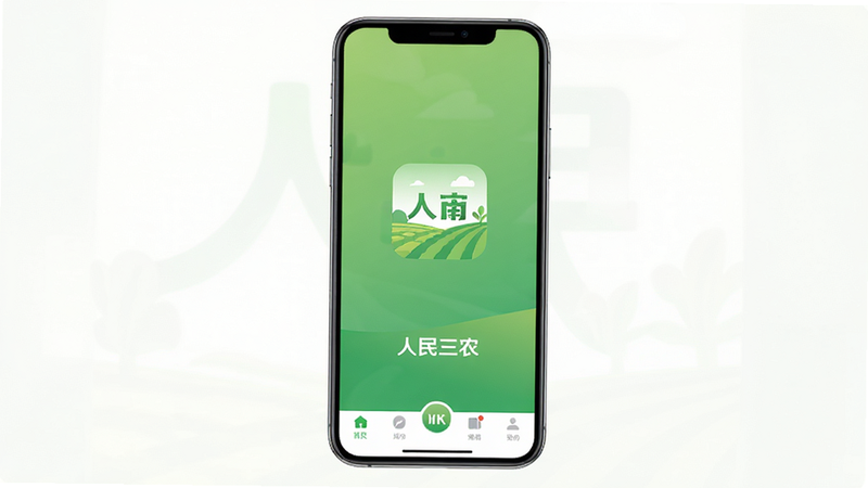 主体为一部竖屏智能手机,屏幕中央显示“人民三农”App启动界面,背景为清新绿色渐变,布局简洁,排版居中,风格现代扁平化,细节包含底部导航栏图标,画质4k高清,干净无多余元素