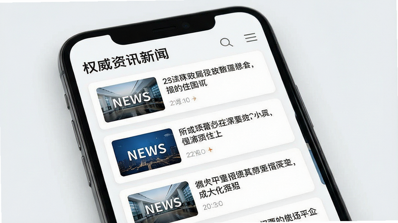 主体为手机屏幕显示新闻列表页,顶部标题“权威资讯”,布局为卡片式列表,排版整齐,风格商务简约,细节包含新闻缩略图与标题文字,画质高清,干净无多余元素