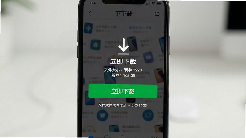 主体为手机屏幕显示下载页面,绿色“立即下载”按钮醒目,布局简洁,排版居中,风格引导性,细节包含文件大小与版本号信息,画质高清,干净无多余元素