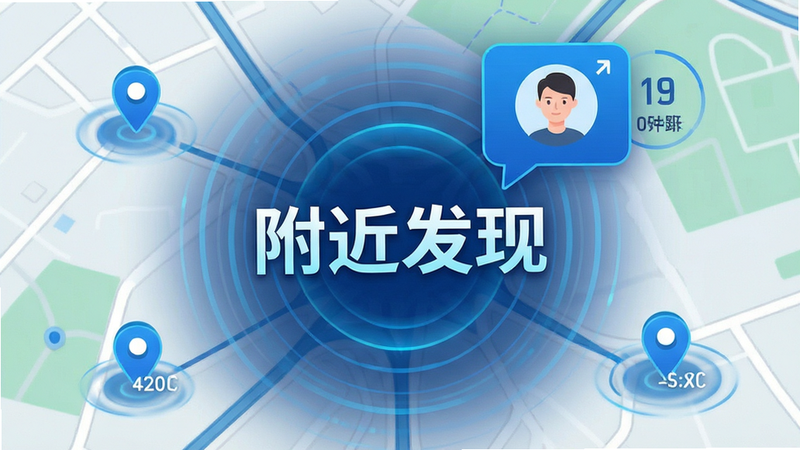 主体为地图界面与用户头像气泡结合,布局为中心辐射状,排版紧凑有序,风格科技感蓝色调,细节包含定位图标、距离数值及动态波纹效果,文字“附近发现”醒目,画质清晰,干净,无多余元素