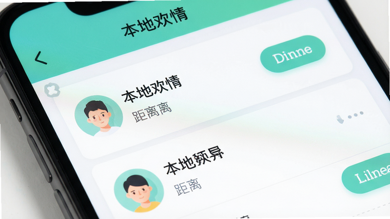 主体为手机屏幕特写,显示“本地欢情”APP界面,布局为顶部导航栏加中间列表流,排版简洁现代,风格清新扁平化,细节包含头像、距离标识及互动按钮,文字“本地欢情”清晰可见,画质高清,干净,无多余元素