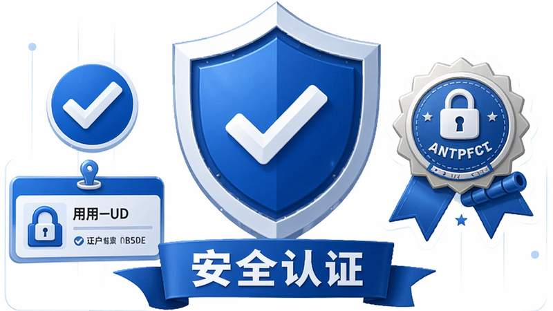 主体为盾牌图标与认证徽章组合,布局对称平衡,排版庄重可靠,风格信任蓝白色调,细节包含对勾标志、用户ID卡片及安全锁元素,文字“安全认证”清晰,画质高保真,干净,无多余元素