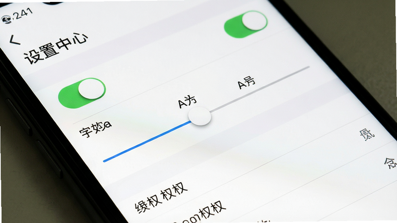 主体为手机设置界面截图,布局为列表形式,排版清晰直观,风格简洁白底黑字,细节包含开关按钮、字体大小调节滑块及权限列表,文字“设置中心”清晰,画质清晰,干净,无多余元素
