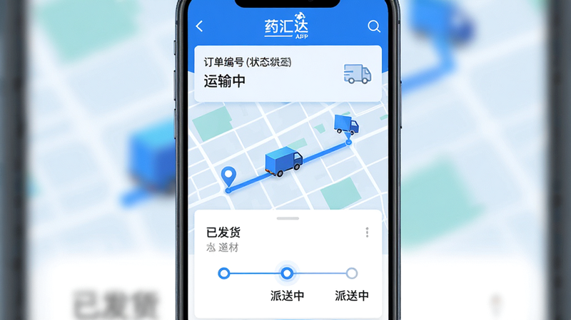 ����Ϊҩ���APP�Ķ���׷�ٽ��棬����Ϊ��ֱ�б���������ʾ������ź�״̬�������С����м�Ϊ��ͼ������ʾ��ɫ��������ͼ�꼰�켣�ߣ��·�Ϊʱ������ʾ���ѷ��������������С��Ƚڵ㣬���Ϊ�Ƽ�������ϸ�ڰ��������������ͼ�꣬���ʸ��壬�ɾ��޶���Ԫ�أ�������ͼ