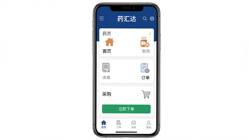 ����Ϊҩ���APP���ֻ�����ȫ��չʾ����������������Ϊ����ɫ��������ʾ��ҩ��Logo���м������Ϊ����ҳ�����������������ɹ���������Ҫģ�飬�ײ�Ϊ��ɫTab�������Ϊ��ƽ������磬ϸ�ڰ���������ҩƷͼ�����ɫ�ġ������µ�����ť�����ʸ��壬�ɾ��޶���Ԫ�أ���ˮӡ��16:9����