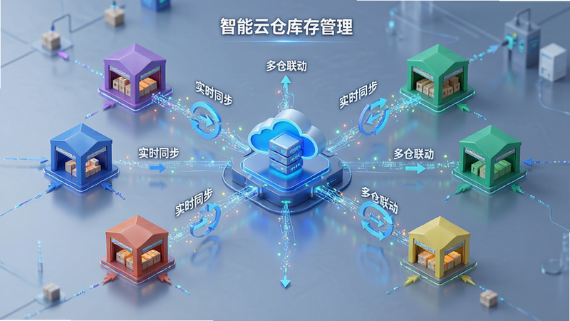 展示多仓库节点通过云端中心连接的拓扑图,主体为“智能云仓库存管理”的数据流示意图,布局呈放射状,中心为云服务器图标,四周环绕不同颜色的仓库图标,排版对称平衡,风格科技感强,细节显示数据粒子流动,文字标注“实时同步”、“多仓联动”,画质高清,简洁专业