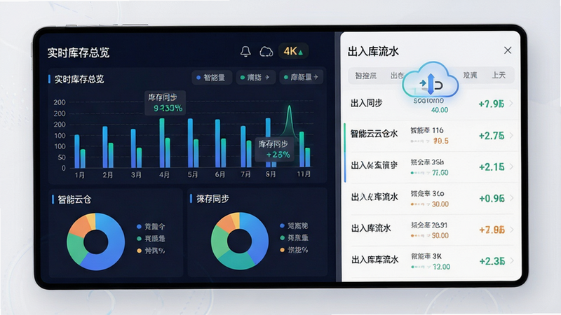 主体为智能云仓库存管理APP的高保真界面展示,布局采用左右分栏结构,左侧显示“实时库存总览”仪表盘,包含柱状图和饼图,右侧为“出入库流水”列表,排版整洁有序,风格为现代极简商务风,细节处体现数据实时跳动的动态感,文字清晰标注“智能云仓”、“库存同步”,画质4k,干净无多余元素