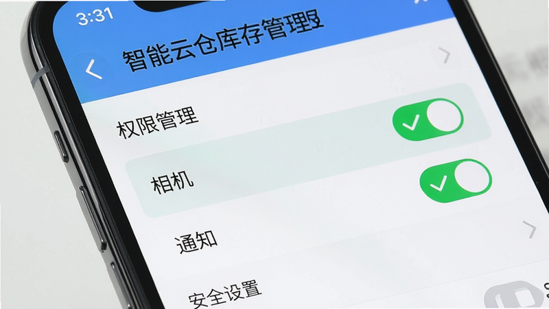 主体为手机界面特写,显示“智能云仓库存管理”的权限设置页面,布局为列表式,高亮显示“相机”和“通知”权限开关为开启状态,排版清晰,风格为扁平化UI设计,细节处有绿色对勾图标表示权限已授予,文字标注“权限管理”、“安全设置”,画质细腻,干净无干扰元素