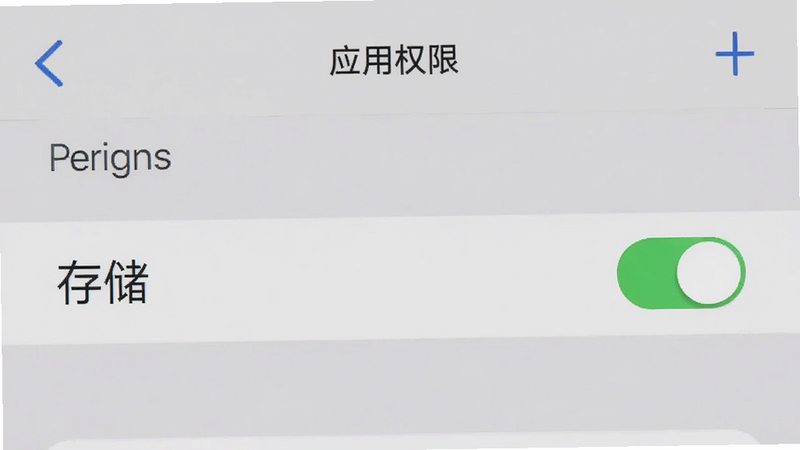 手机设置界面截图,显示“应用权限”管理页面,高亮显示“存储”权限开关,背景为浅灰色,风格极简,高清,无多余元素,干净