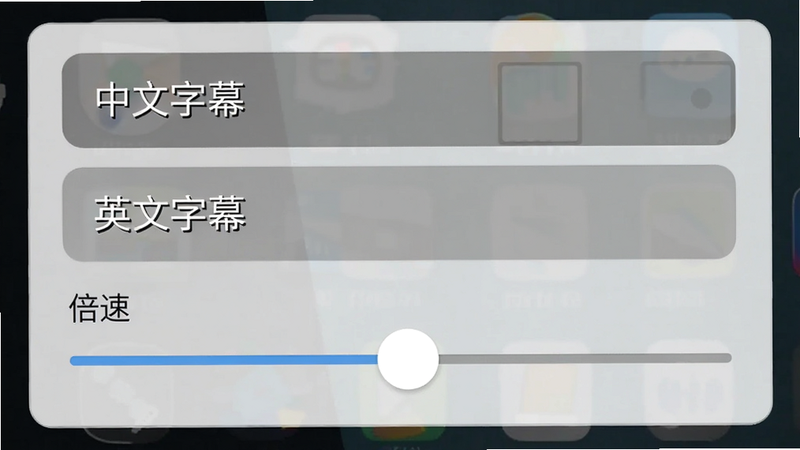 手机界面显示字幕设置面板,有“中文字幕”、“英文字幕”选项,以及一个倍速调节滑块,风格扁平化,高清,无多余元素,干净