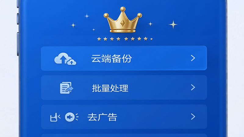 主体为“电子签名”应用的付费界面预览,显示高级会员权益列表,如“云端备份”、“批量处理”、“去广告”,布局垂直排列,排版整齐,商务蓝色调,细节处有皇冠图标象征高级会员,画面明亮,无杂乱背景,高清渲染