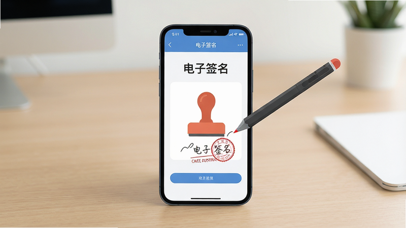 主体为一部智能手机,屏幕显示“电子签名”应用界面,背景为简洁的办公桌面,布局居中,排版清晰,扁平化设计风格,细节处有手写笔迹转化为印章的动态效果,画面干净,无多余元素,8k分辨率,高清质感