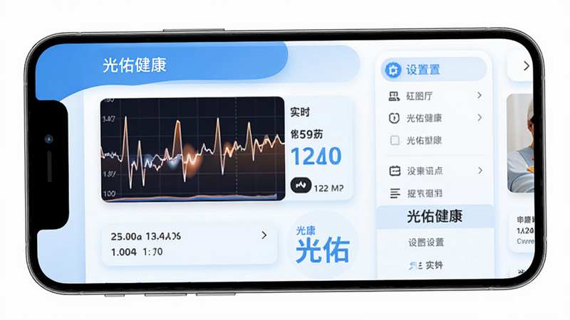 主体为光佑健康APP的手机界面展示,布局清晰,包含胎心监护图表、实时数据面板及设置菜单,排版简洁现代,风格为医疗蓝白色调,细节展示心率曲线与时间戳,画质高清,干净无多余元素,文字显示