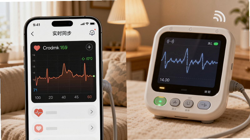 主体为连接胎心监护仪的场景,左侧为光佑健康APP界面显示心率曲线,右侧为家用胎心监护仪设备,布局左右分屏,风格温馨居家,细节展示设备指示灯与手机信号图标,画质细腻,干净,文字显示