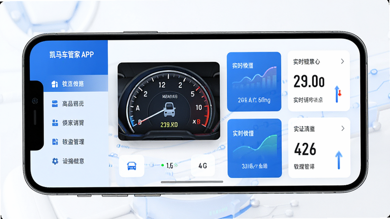 一张展示凯马车管家APP界面的高清概念图,主体为手机屏幕,显示车辆仪表盘数据概览,布局整洁,左侧为功能菜单,右侧为实时数据卡片,风格现代简约,蓝色科技色调,细节丰富,4k画质,干净无多余元素