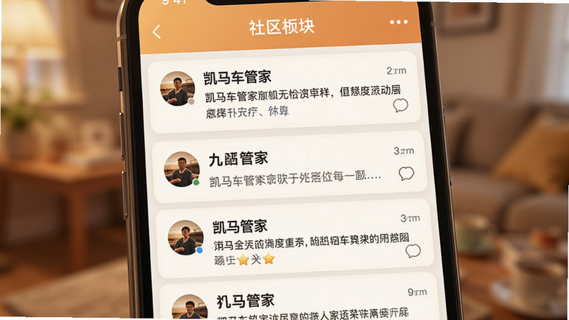 凯马车管家APP社区板块预览图,主体为手机屏幕显示帖子列表,布局为垂直滚动列表,头像与标题清晰,风格社交化,暖色调,细节生动,高质量渲染,无杂乱背景