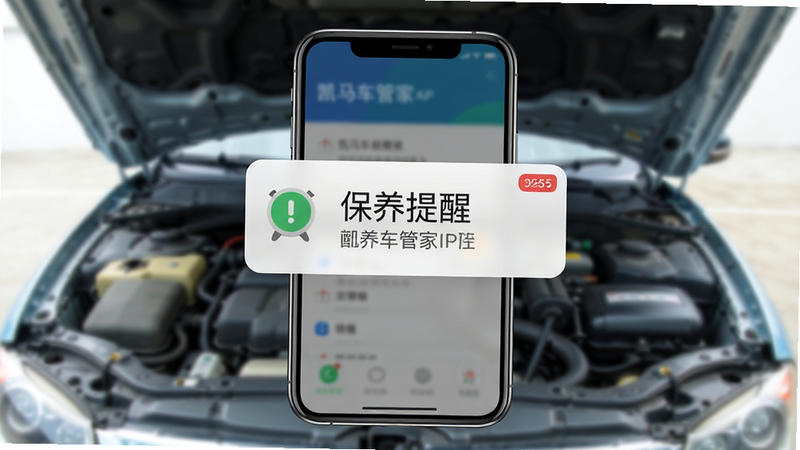 凯马车管家APP保养提醒功能示意图,主体为手机通知弹窗,背景为模糊的车辆引擎盖,布局居中,文字清晰显示“保养提醒”,风格扁平化,色彩明亮,细节准确,高清画质