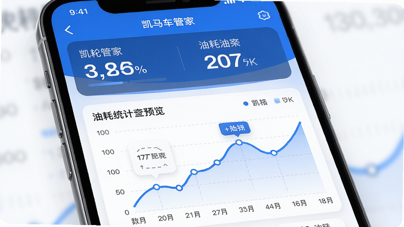 凯马车管家APP油耗统计图表预览,主体为手机屏幕显示折线图,布局为上下结构,上方为数据,下方为图表,风格数据可视化,蓝色系,细节精致,4k画质,干净背景