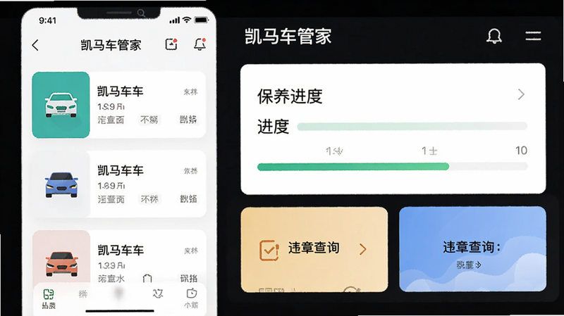 主体为凯马车管家APP的高保真UI界面展示,布局采用扁平化设计风格,左侧显示车辆列表卡片,右侧显示详细数据仪表盘,排版清晰有序,风格现代简约,细节处包含车辆图标、保养进度条、违章查询入口,画质高清,干净,无多余元素,文字包含