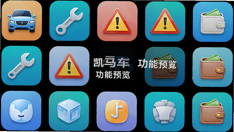 主体为凯马车管家APP的功能模块图标集合,布局呈网格状排列,包含车辆、扳手、警示牌、钱包等图标,排版整齐对称,风格科技感强,细节处图标边缘平滑,色彩鲜明,画质清晰,干净,无多余元素,文字包含