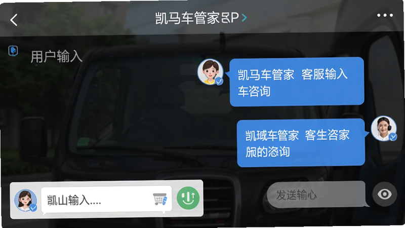 主体为凯马车管家APP的客服对话界面,布局左侧为用户输入框,右侧为客服回复气泡,排版简洁明了,风格友好亲切,细节处包含客服头像、输入按钮、发送图标,画质清晰,干净,无多余元素,文字包含