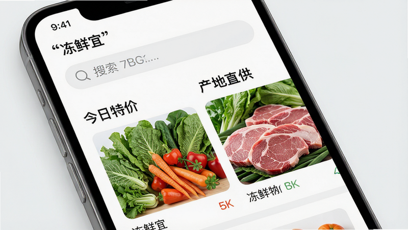 一张高清现代感UI设计界面展示图,主体为智能手机屏幕,屏幕中显示“冻鲜宜”APP首页,布局清晰,顶部为搜索栏,中间为“今日特价”与“产地直供”两个主要板块,排版整齐,风格简约清新,细节包含新鲜蔬菜与肉类的高清图片,画质8k,干净,无多余元素,文字加引号“冻鲜宜”