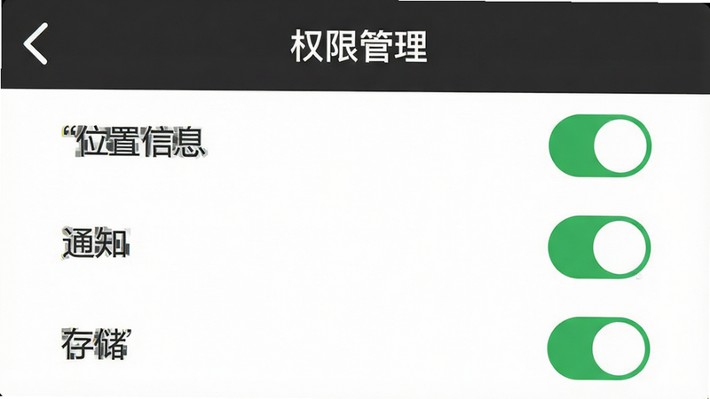 一张智能手机设置界面示意图,主体为“权限管理”页面,布局列出“位置信息”、“通知”、“存储”等选项,风格为简洁扁平化,细节包含绿色开关图标,画质清晰,干净,无多余元素,文字加引号“冻鲜宜”