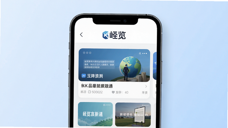 一张高清数字插画,主体为手机屏幕显示峄览APP界面,布局整洁,顶部有