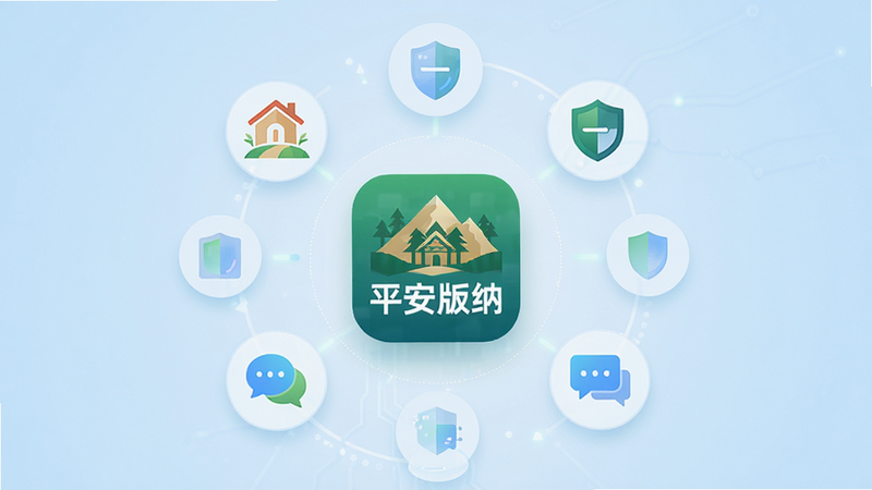 画面主体为“平安版纳”手机APP的高清UI界面展示,背景为干净的浅蓝色渐变。界面中央突出显示APP图标,周围环绕着代表社区、盾牌、对话气泡的扁平化矢量图标。布局采用中心辐射式排版,风格现代简约,细节处体现科技质感,画质4k,干净,无多余元素