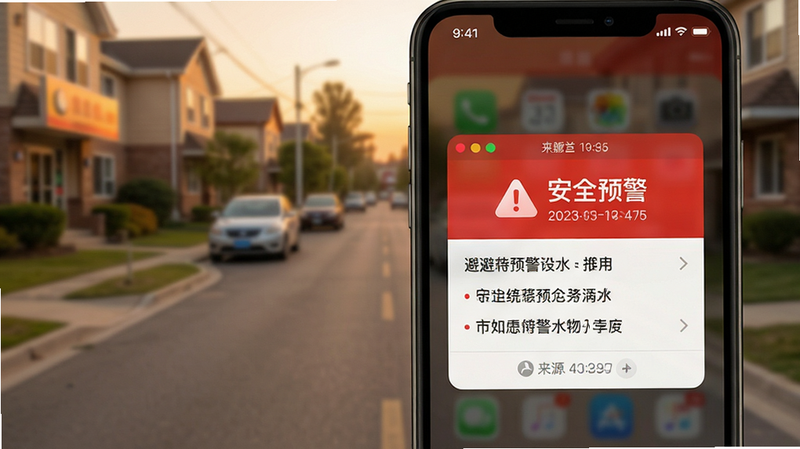 画面主体为手机屏幕显示的红色紧急预警弹窗,背景为模糊的社区街道实景。弹窗内有醒目的警告图标和文字“安全预警”,下方列出三条简短的避险建议。整体色调偏暖,营造紧迫感但保持界面整洁。风格为写实与UI结合,细节清晰,显示时间戳和来源标识,画质高清,干净,无多余元素