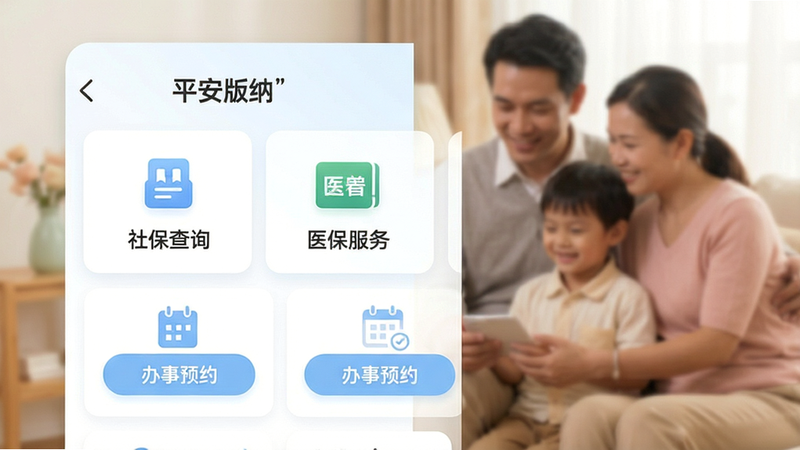画面展示“平安版纳”APP的便民服务页面,采用卡片式布局,包含“社保查询”、“医保服务”、“办事预约”等图标。界面色彩柔和,以白色和浅蓝色为主,图标设计简洁易懂。背景隐约可见温馨的家庭场景。风格清新明快,细节处体现易用性,如大字号按钮,画质高清,干净,无多余元素