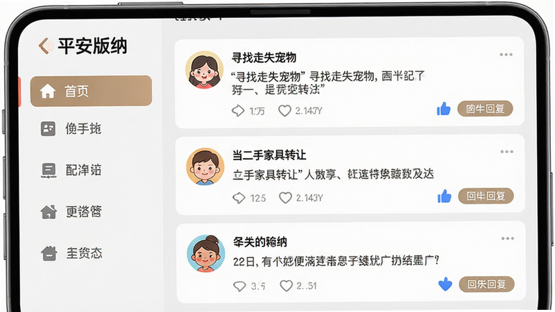 画面展示“平安版纳”APP的社区论坛板块,显示几条典型的邻里互动帖子,如“寻找走失宠物”、“二手家具转让”等。界面左侧是导航栏,右侧是内容流。风格温馨友好,头像使用卡通形象,文字清晰可读。背景为浅灰色,突出内容主体。细节处显示点赞和回复按钮,画质高清,干净,无多余元素