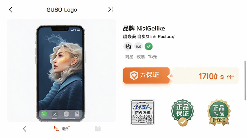 主体为手机界面展示商品详情页,布局包含商品大图、价格标签、品牌Logo,排版规范,风格信任感强,细节展示防伪标识和正品保证图标,画质清晰,干净,无多余元素,文字'正品保证'高亮显示