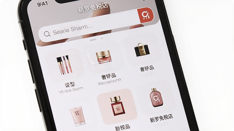 主体为手机屏幕显示新罗免税店APP首页,布局清晰,顶部搜索栏下方展示美妆和奢侈品分类图标,排版整齐,风格现代简约,细节处体现品牌Logo,画质高清,干净,无多余元素,文字'新罗免税店'居中显示