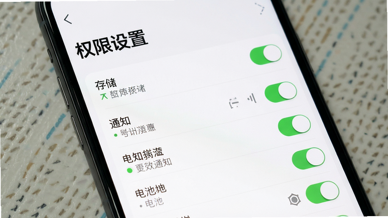 主体为手机设置界面展示权限管理,布局列出存储、通知、电池等权限开关,排版列表式,风格简洁,细节显示权限状态图标,画质清晰,干净,无多余元素,文字'权限设置'标题突出