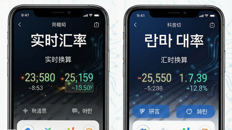 主体为手机界面展示多语言切换和汇率换算功能,布局左侧为中文界面,右侧为韩文界面,排版对比鲜明,风格科技感,细节展示汇率数字跳动效果,画质高清,干净,无多余元素,文字'实时汇率'清晰可见