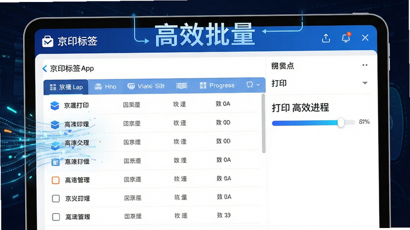 展示京印标签App的批量打印界面,显示数据列表与打印进度条,布局逻辑清晰,风格科技感强,细节处体现高速处理的数据流,画质高,干净,无多余元素,文字标注