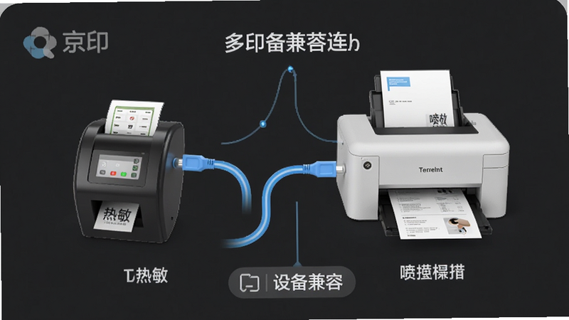 展示京印标签App与多种打印机连接的示意图,包括热敏打印机和喷墨打印机,布局协调,风格极简,细节体现连接线的稳定与流畅,画质清晰,干净,无多余元素,文字标注