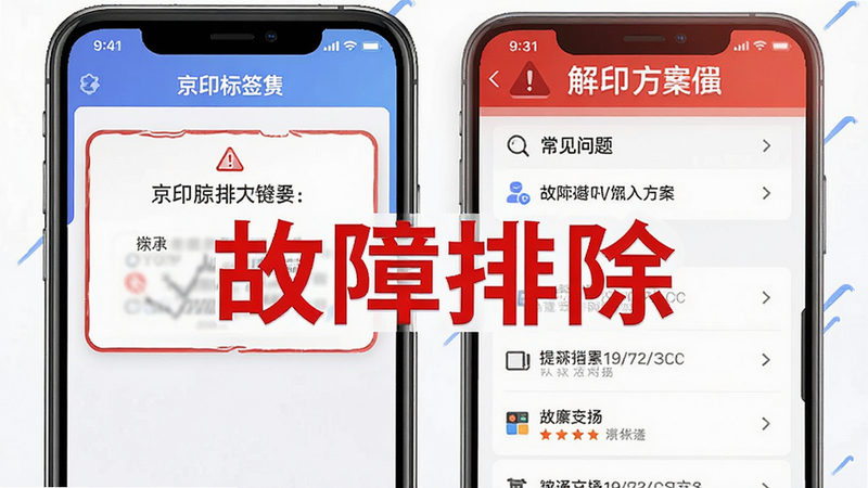 展示京印标签App的错误提示与解决方案界面,布局醒目,风格警示,细节体现常见问题列表,画质清晰,干净,无多余元素,文字标注