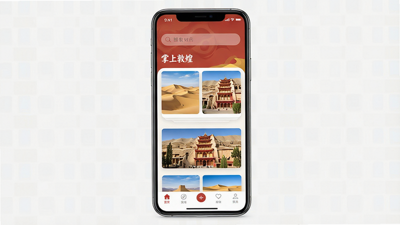 һ�Ÿ�����ֻ�Ӧ�ý���չʾͼ������Ϊ�����϶ػ͡�App��ҳ�����ֲ��ÿ�Ƭʽ�Ű棬���������������м�չʾ�ػʹ�Į��Ī�߿ߵķ羰����ͼ���ײ��е����������Ϊ��ƽ��UI��ƣ�ɫ���Զػͺ���ɳĮ��Ϊ��ɫ����ϸ���������޶���ˮӡ�����廭�ʣ��ɾ�������