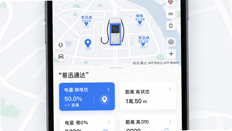 主体为易迅通达APP的高保真UI界面展示图,布局分为上下两部分,上部为地图模式显示周边换电柜位置,下部为卡片式换电柜状态列表,包含电量百分比和距离信息,排版清晰整洁,风格为现代简约科技风,细节处体现蓝色主色调与白色背景的高对比度,画质超清,干净,无多余元素,文字加引号显示