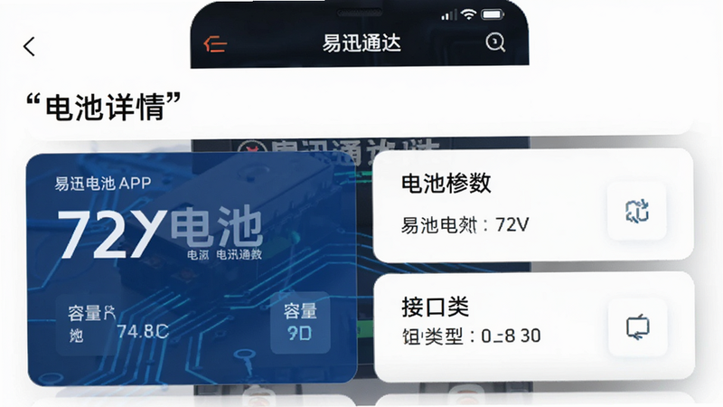 主体为易迅通达APP内的电池详情页面,显示72V电池参数,包括电压、容量、接口类型,布局为卡片式信息展示,排版简洁,风格为科技感UI,细节清晰可见,画质高清,干净,无多余元素,文字加引号显示