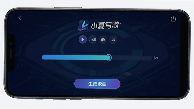 小夏写歌安卓版主界面预览图,展示手机屏幕,界面中央显示歌曲创作进度条,背景为深蓝色科技感UI,包含'小夏写歌'Logo,底部有'生成歌曲'按钮,高清,简洁,无多余元素