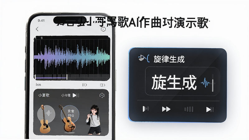 小夏写歌AI作曲功能演示图,手机界面显示波形图与乐器选择列表,背景为白色,突出'旋律生成'模块,细节清晰,高分辨率