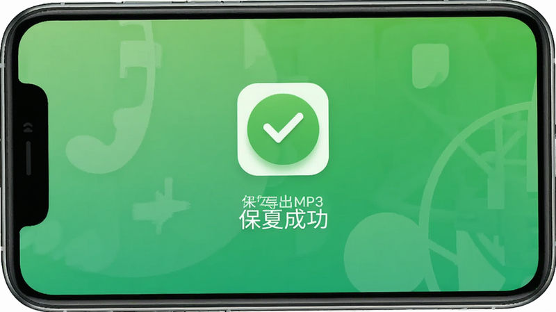 小夏写歌导出MP3文件成功提示界面,手机屏幕显示'保存成功'图标,背景为绿色渐变,简洁明了,无多余元素