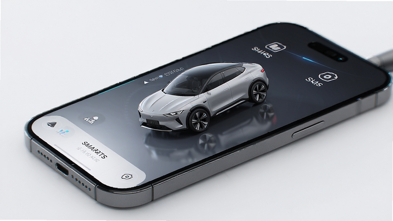 smart汽车App界面展示,主体为手机屏幕,显示车辆3D模型及核心功能图标,布局清晰,排版现代简约,风格科技感强,细节精致,画质高清,干净无多余元素