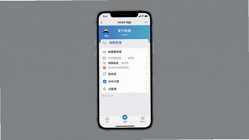 smart汽车App设置界面,手机屏幕显示权限管理列表,布局清晰,排版整齐,风格简洁,细节明确,画质高清,干净背景